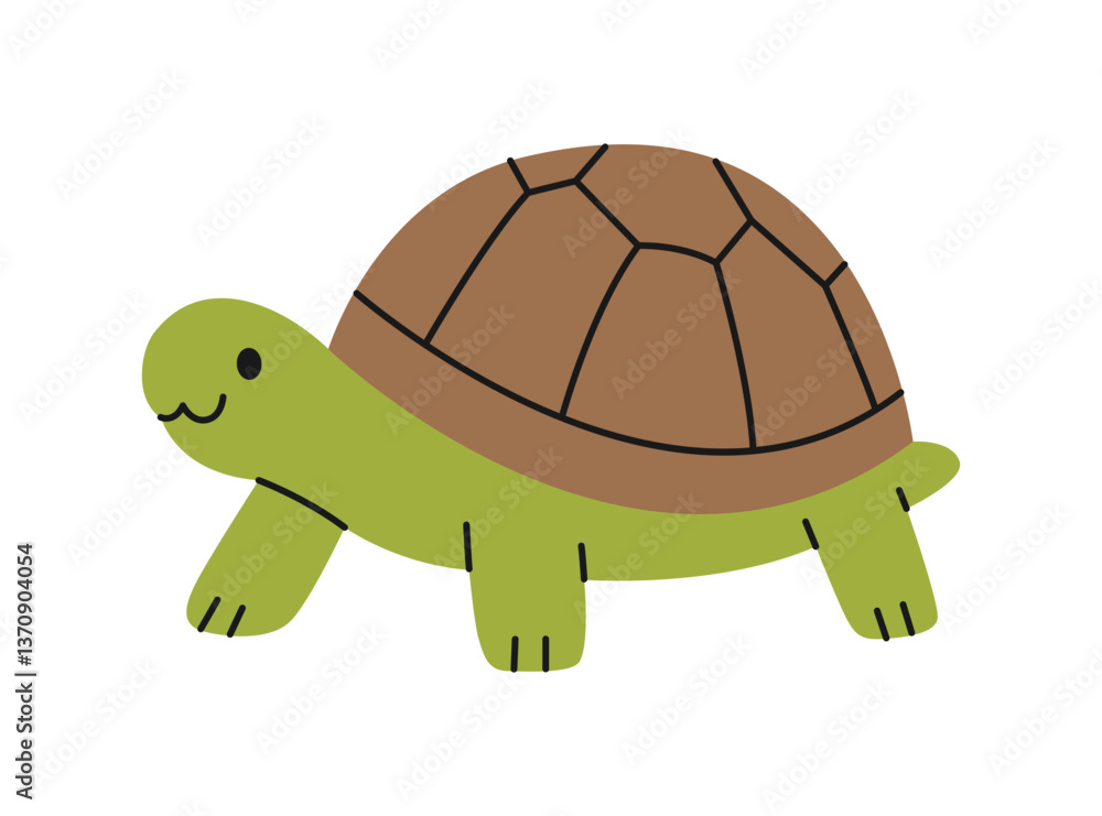 Obraz premium Cute land turtle on white background. Isolated tortoise. Adorable pet, exotic animal in simple style. Domestic or wild reptile character. Zoo, wild nature. Vector flat illustration