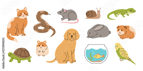 Cute pet set: cat, dog, rabbit, guinea pig, hamster, rat, parrot, fish, snake, turtle, lizard and snail. Cartoon domestic animals collection. Vector flat illustration isolated on white background
