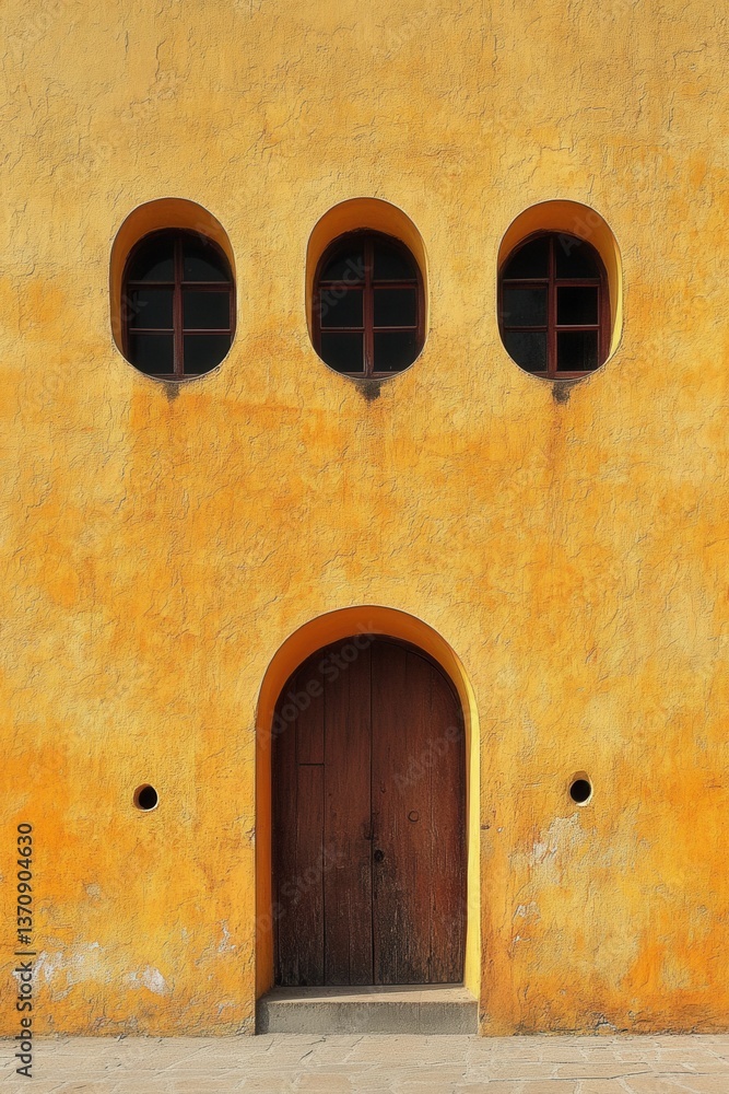 Fototapeta premium Charming facade featuring arched doorway and round windows on textured yellow wall in classic architectural style