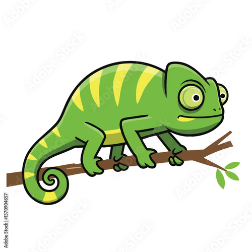 Chameleon on a Branch: A vibrant green chameleon with a distinctive striped pattern perches on a branch, showcasing its remarkable camouflage ability in this captivating illustration.