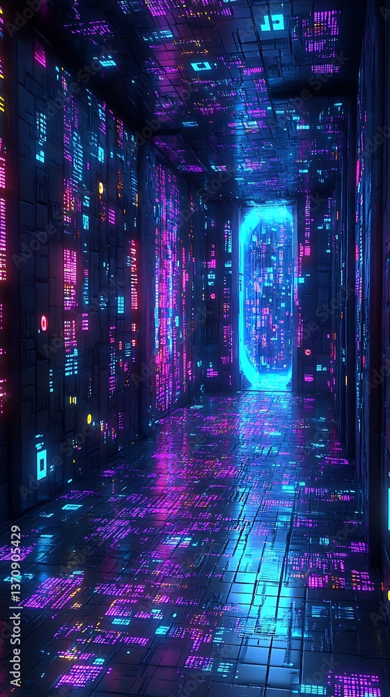 Neon Data Corridor with Digital Portal. Neon Data Corridor with Digital Portal.