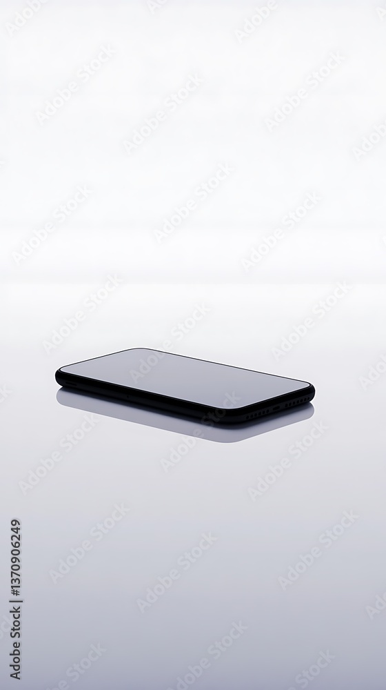 Modern smartphone on reflective surface with sleek minimalist design for technology concept Modern smartphone on reflective surface with sleek minimalist design for technology concept