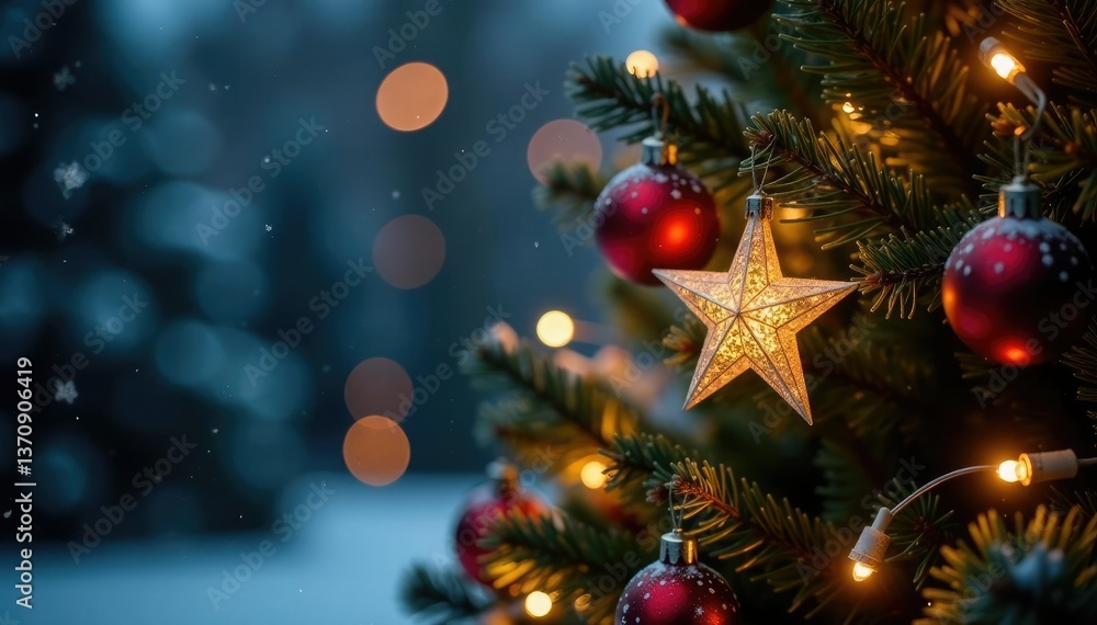 Decorated Christmas tree with sparkling light garland and star decorations on branches, lights, winter Decorated Christmas tree with sparkling light garland and star decorations on branches, lights, winter