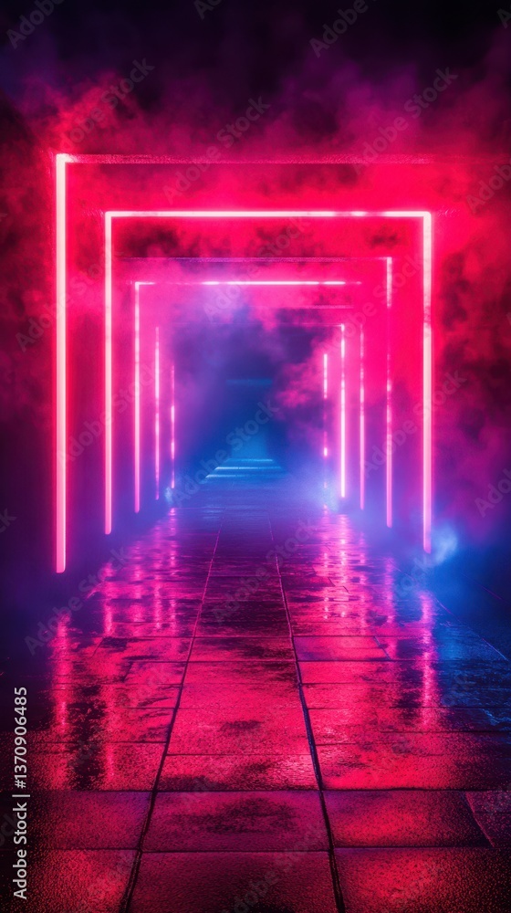 Neon-lit corridor surrounded by fog creates a surreal nighttime atmosphere in an urban setting Neon-lit corridor surrounded by fog creates a surreal nighttime atmosphere in an urban setting