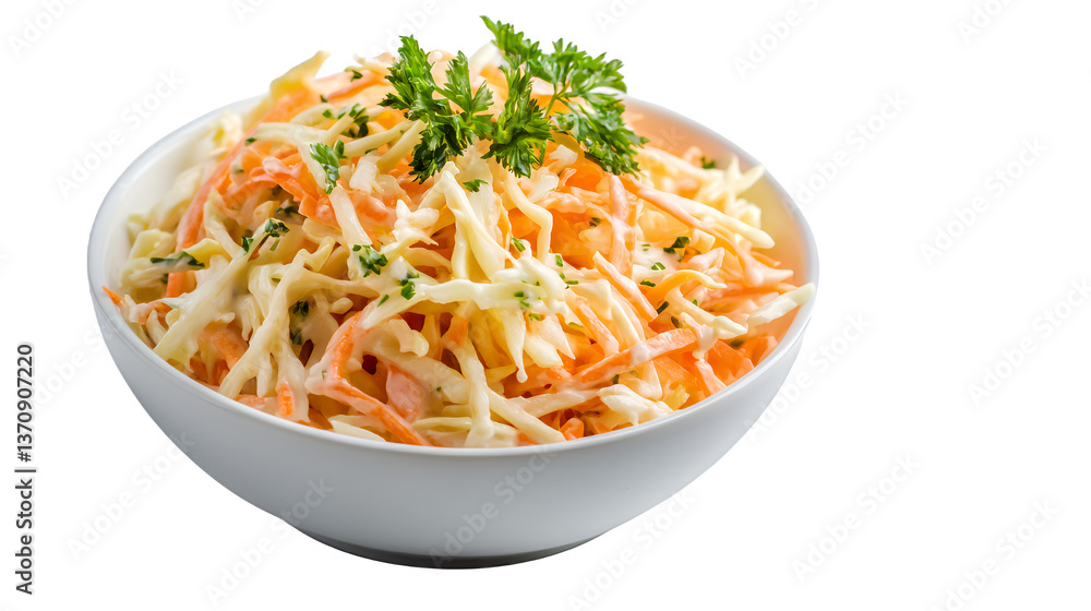 Fresh coleslaw served in a white bowl, garnished with parsley. Fresh coleslaw served in a white bowl, garnished with parsley.