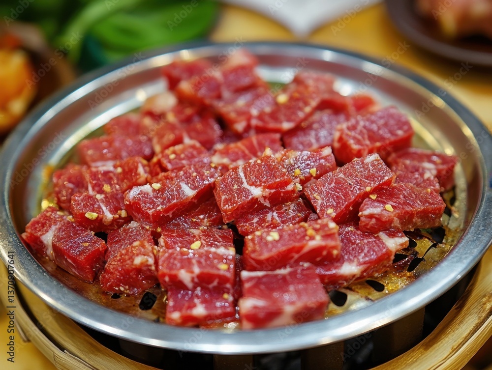 Fresh Raw Marinated Beef Cubes on a Silver Plate Ready for Grilling at a Korean Barbecue Restaurant Close Up Shot Fresh Raw Marinated Beef Cubes on a Silver Plate Ready for Grilling at a Korean Barbecue Restaurant Close Up Shot