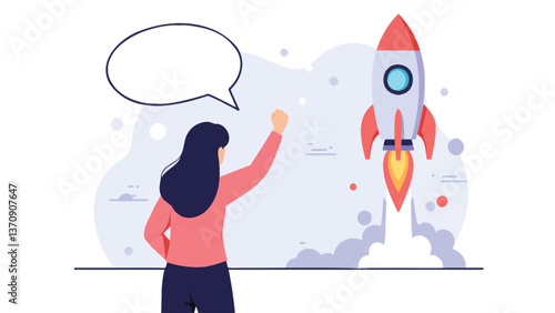Visionary Launch: A woman gazes at a rocket ship, symbolizing new beginnings and aspirations, speech bubble hovering, illustrating concepts like communication, innovation and futuristic ambitions