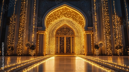 Spectacular Mosque Entrance Illuminated by Festive Glowing Lights at Night