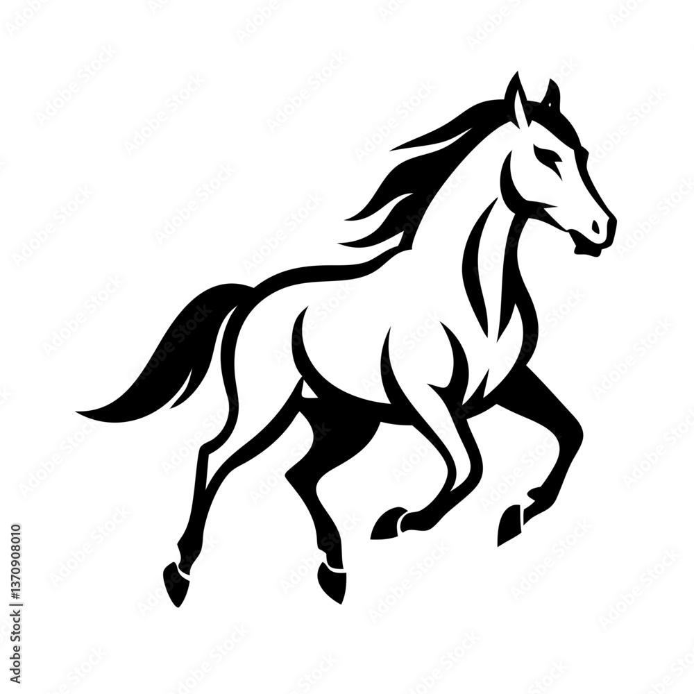 Black horse silhouette vector illustration depicts a running stallion, an equine animal with a flowing mane, in a wild gallop Black horse silhouette vector illustration depicts a running stallion, an equine animal with a flowing mane, in a wild gallop