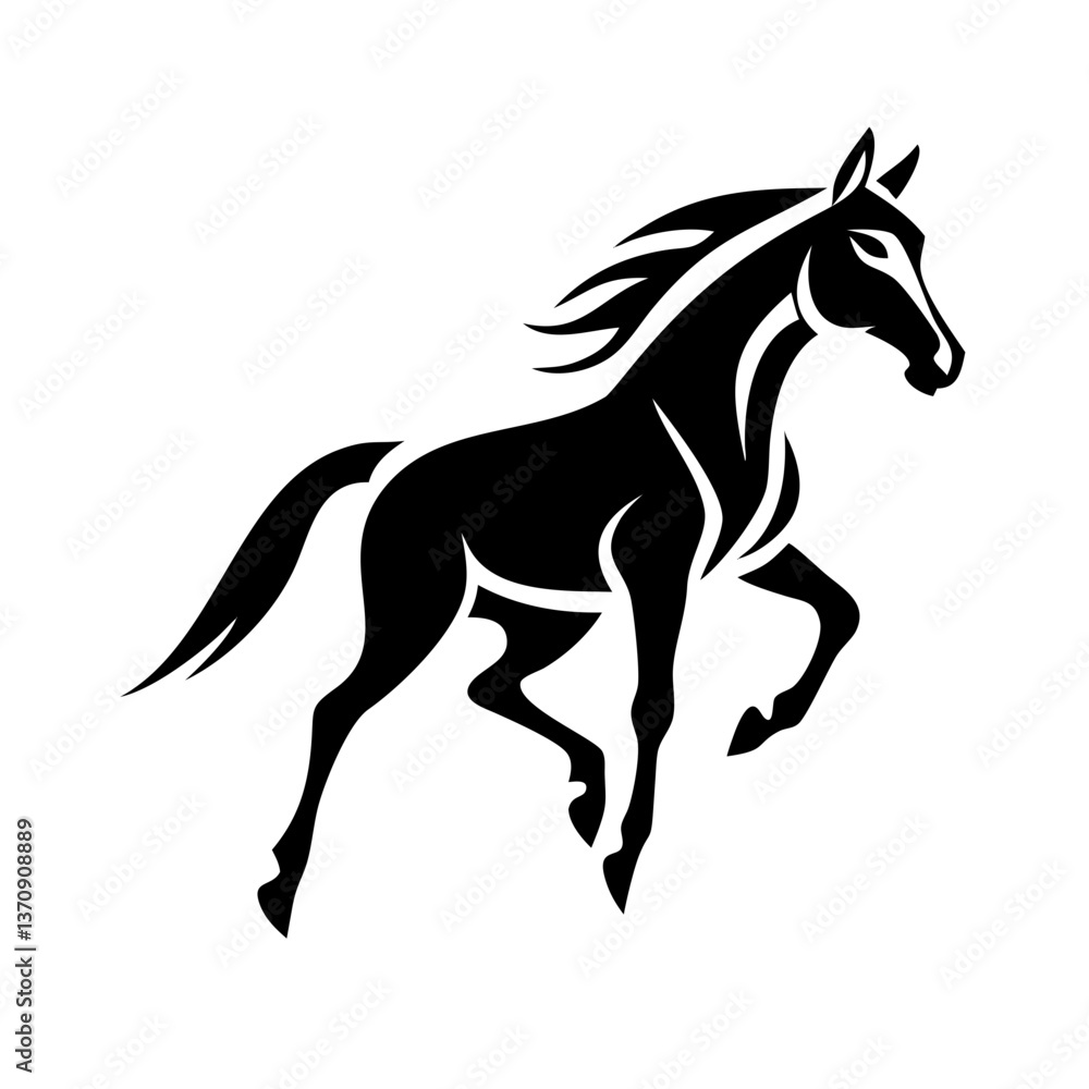 A black vector silhouette illustration depicts a running wild horse stallion with a flowing mane A black vector silhouette illustration depicts a running wild horse stallion with a flowing mane
