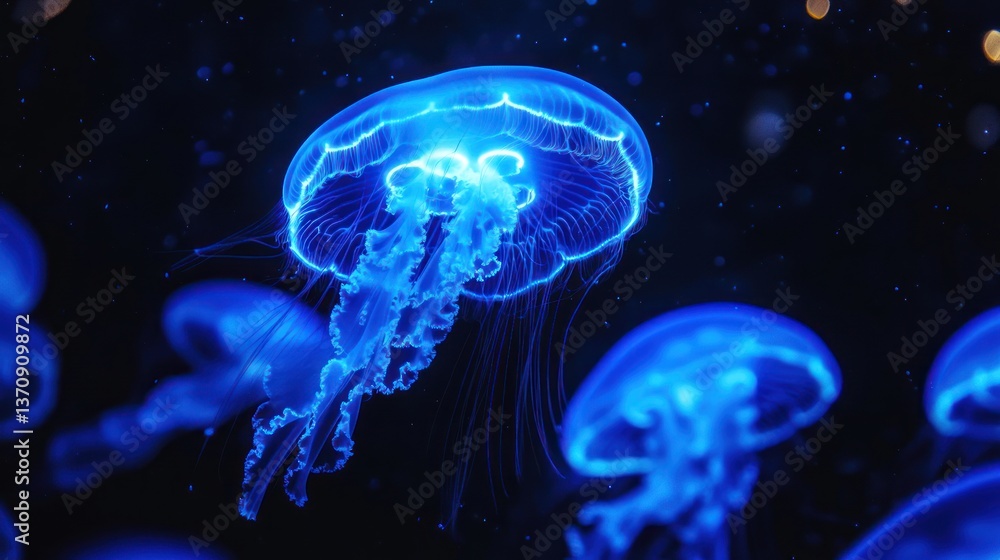 Obraz premium Enchanting Bioluminescent Jellyfish: A Deep Dive into Oceanic Wonders at Night