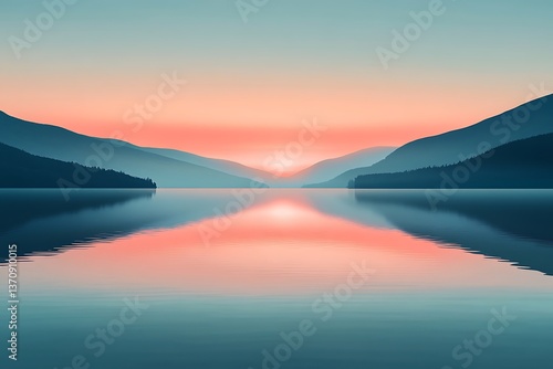 Wallpaper Mural A minimalistic interpretation of a calm lake at sunrise, with soft reflections and a gradient sky, captured in a serene vector design Torontodigital.ca