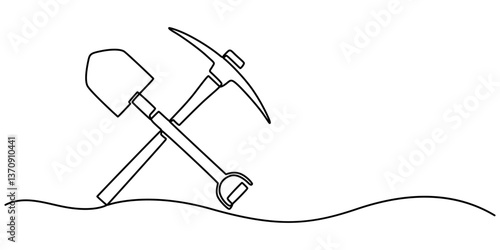 Continuous line drawing art Pickaxe tool Mining Pickaxe concept, Continuous one line drawing pick axe vector illustration, continuous line drawing of crossed shovel and pickaxe.one line drawing of pro