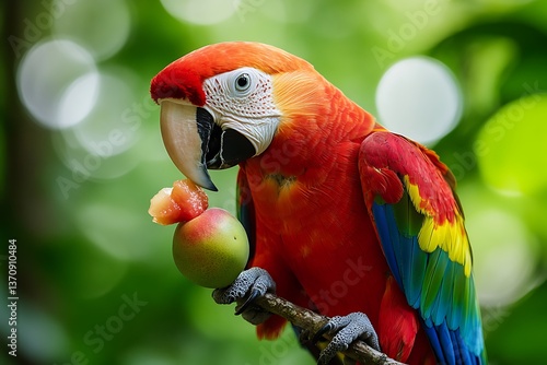 A parrot nibbling on a fresh fruit treat, perched on a branch with vibrant tropical foliage in the background