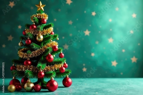 Green Christmas tree with multicolored tinsel and balls, winter decor, multi colored, holiday colors