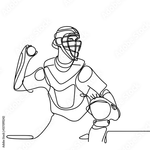 Baseball catcher preparing to pitch in minimalist line drawing  