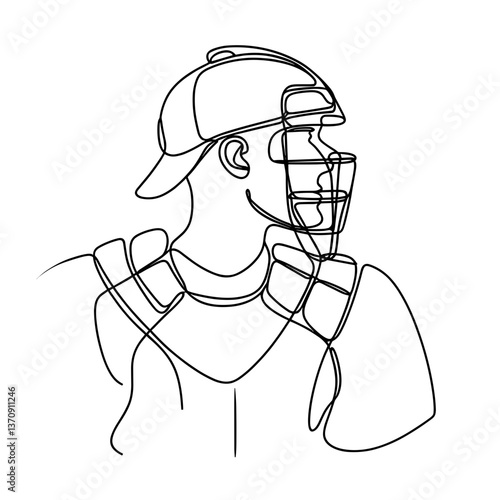 Baseball catcher in line drawing style looking off-field  