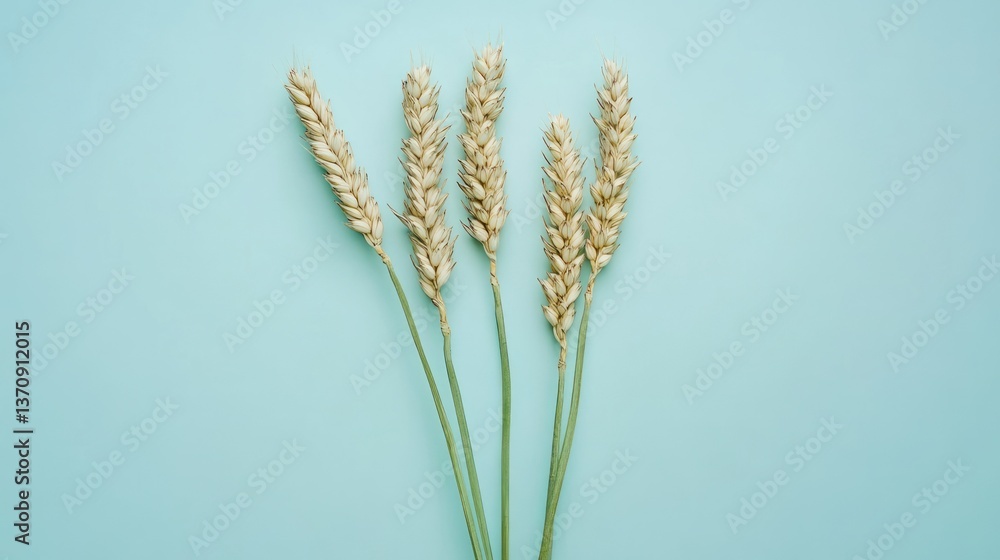 Fototapeta premium Five wheat ears elegantly arranged on a smooth blue background.