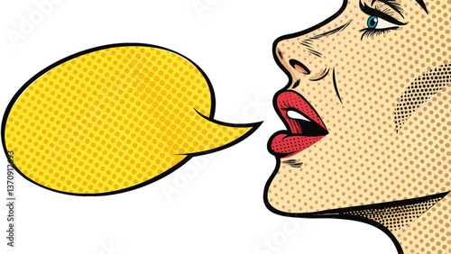 Expressive Communication: A pop art illustration of a woman's face, captured mid-speech, with an empty speech bubble