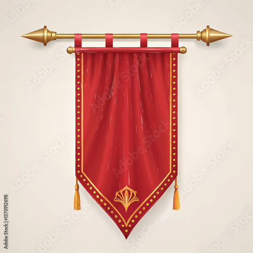 Royal Banner: A majestic red banner, richly adorned with gold accents and elegant tassels, hangs with regal poise against a backdrop, embodying history, heritage, and sophistication.