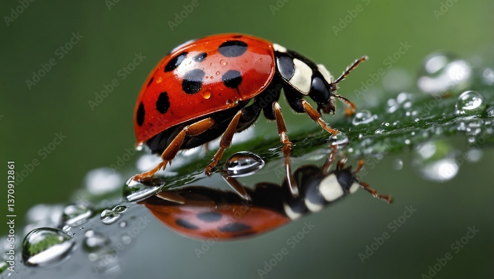 Obraz premium Close-Up of Ladybug on Leaf with Water Droplets and Reflection