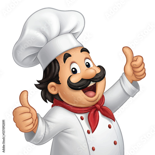 Cheerful Chef Illustration: A jovial chef, radiating culinary enthusiasm, flashes a double thumbs-up, a symbol of exceptional food and culinary excellence. 
