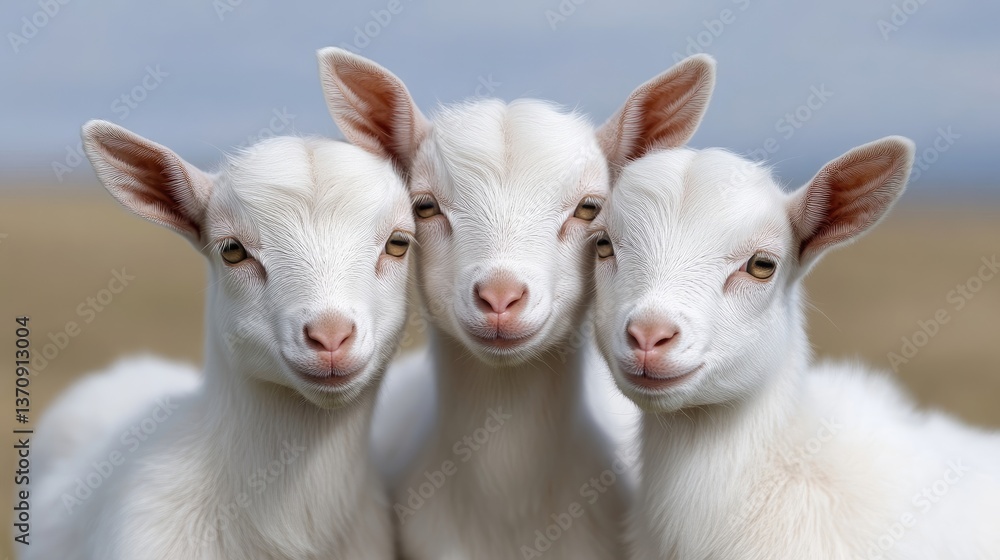Fototapeta premium Three adorable baby goats, close-up, posing together