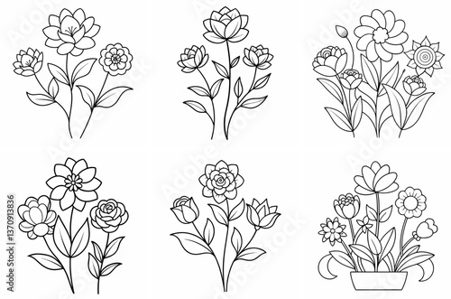Garden Flowers Outline Coloring Page Line Art Drawing
