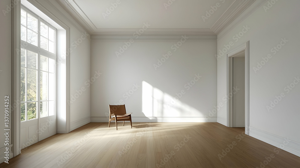 Fototapeta premium Empty Sunlit Room With Beige Chair And Large Windows