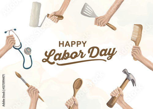 Happy Labor day background with hands holding objects for working creating