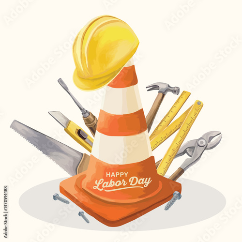 Labor day composition with repair tools traffic cone construction helmet
