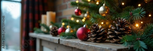 Pinecones and ornaments on a mantel under the Christmas tree, winter, natural