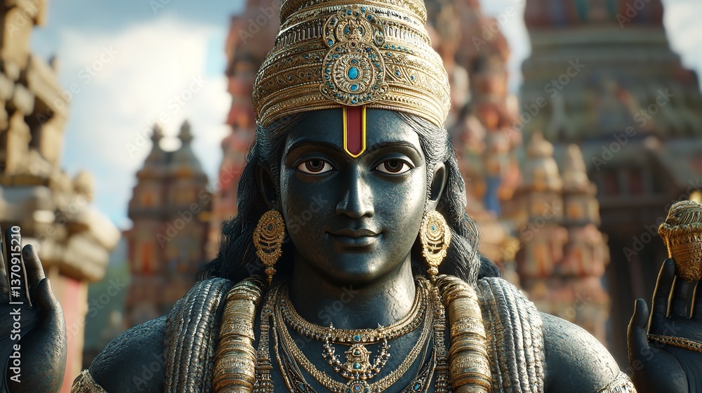 Close up of hindu deity statue with gold jewelry and temple in background Close up of hindu deity statue with gold jewelry and temple in background