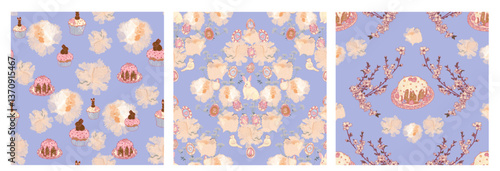 Set of three seamless bohemian easter patterns on blue background. Blooming white flowers, bunnies and sweets. Traditional symbols of April celebration of spring in boho folk Victorian style