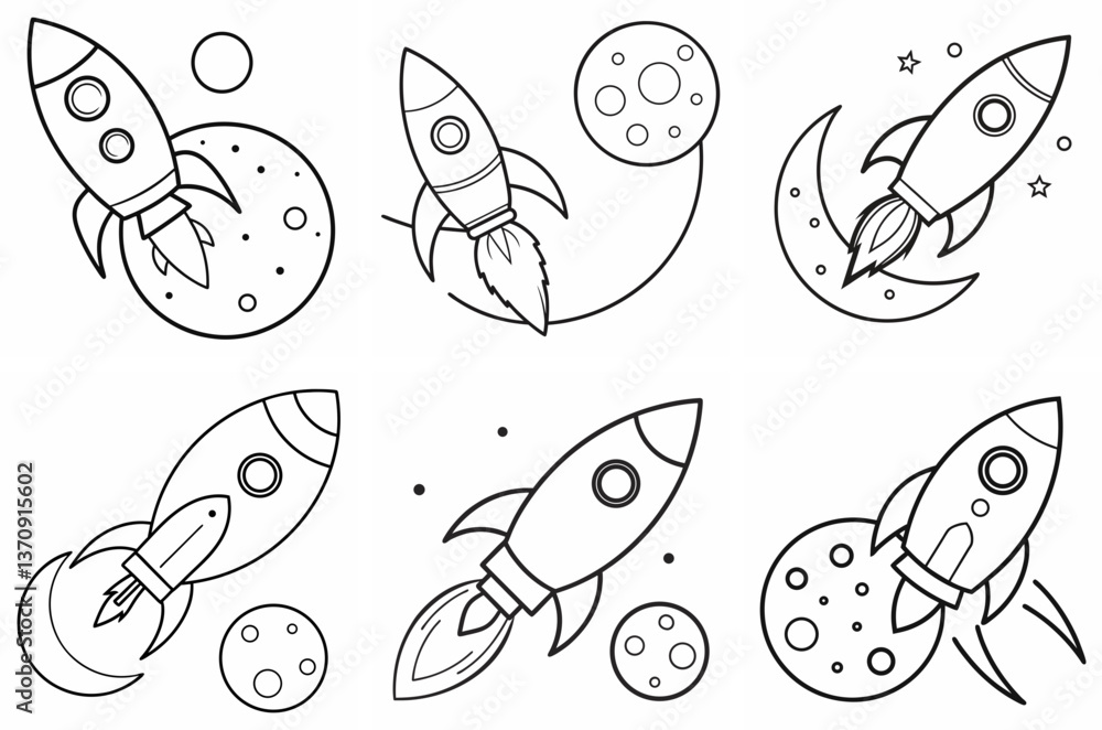 Rocket Flies to the Moon Outline Coloring Book Page Line Art Drawing Set on White Background Rocket Flies to the Moon Outline Coloring Book Page Line Art Drawing Set on White Background