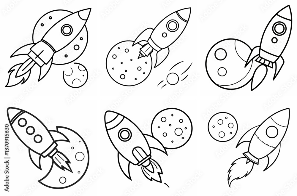 Fototapeta premium Rocket Flies to the Moon Outline Coloring Book Page Line Art Drawing Set on White Background