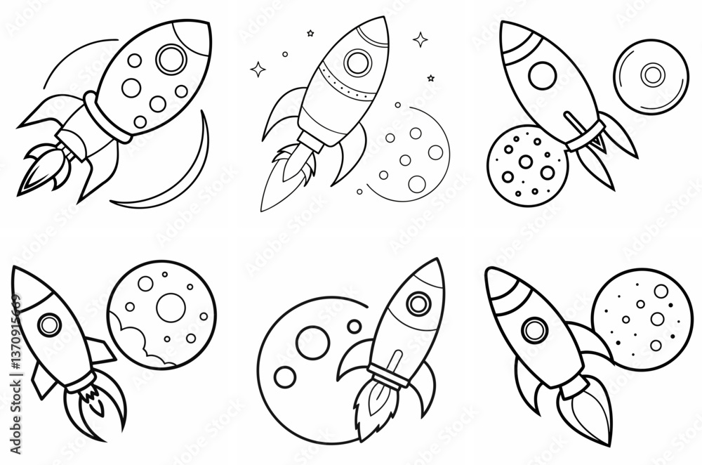 Rocket Flies to the Moon Outline Coloring Book Page Line Art Drawing Set on White Background Rocket Flies to the Moon Outline Coloring Book Page Line Art Drawing Set on White Background