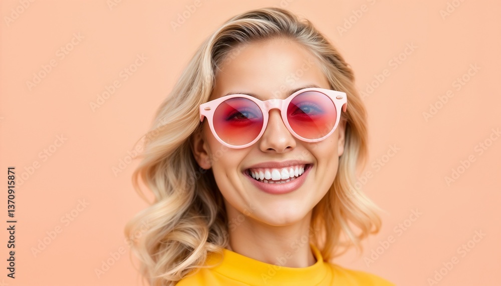 Naklejka premium A cheerful woman wearing colorful sunglasses and bright clothing smiles warmly, exuding positivity. The background is a vivid orange, enhancing the lively and joyful atmosphere of the image.