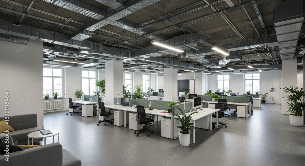 Modern Industrial Office Workspace with Exposed Ductwork Desks and Plants Modern Industrial Office Workspace with Exposed Ductwork Desks and Plants