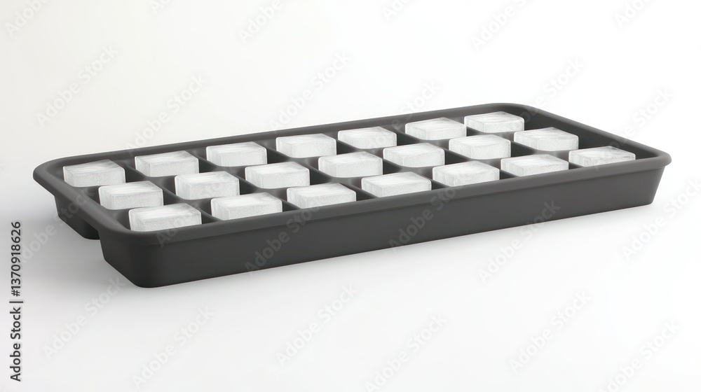 A dark ice cube tray filled with cubes of ice sits on a white background. A dark ice cube tray filled with cubes of ice sits on a white background.