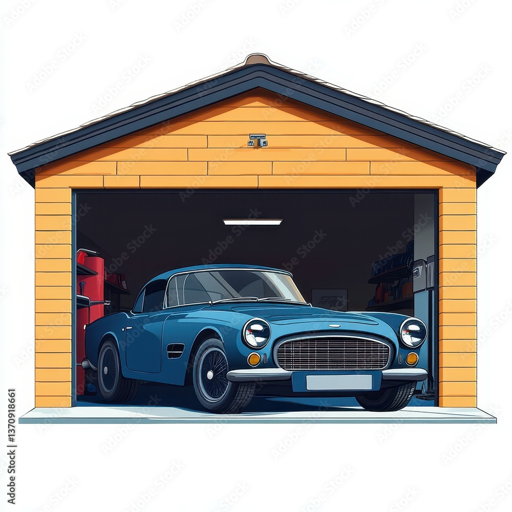 Fototapeta premium Classic blue sports car parked in vintage garage with wooden siding during daylight