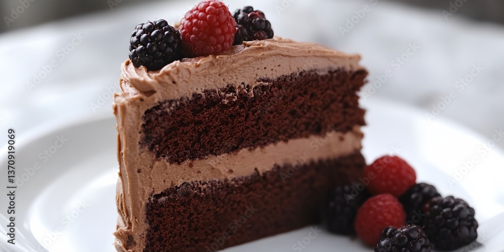 A slice of chocolate cake with raspberries on top. A slice of chocolate cake with raspberries on top.