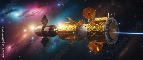 Fototapeta Naklejka Na Ścianę i Meble -  futuristic space station close-up with satellite in background