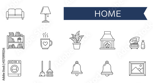 Cozy home interior icons. Linear style.