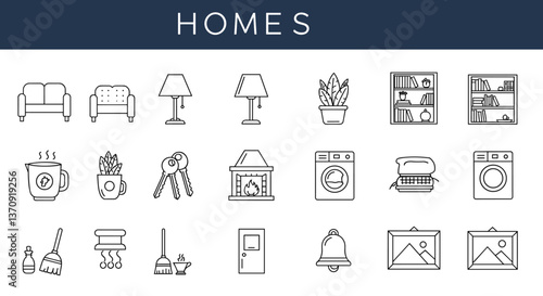 Line art icons of home essentials and furniture.