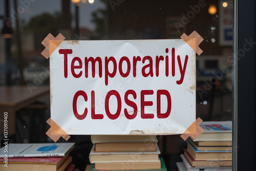 A sign reading temporarily closed hangs on a storefront window with stacks of books visible below, indicating a pause in business activity or services being offered
