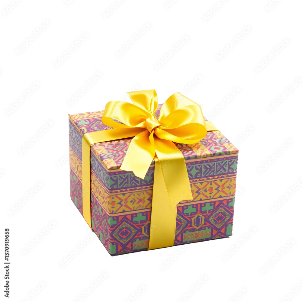 Obraz premium A beautifully wrapped gift box with a yellow ribbon and bow.