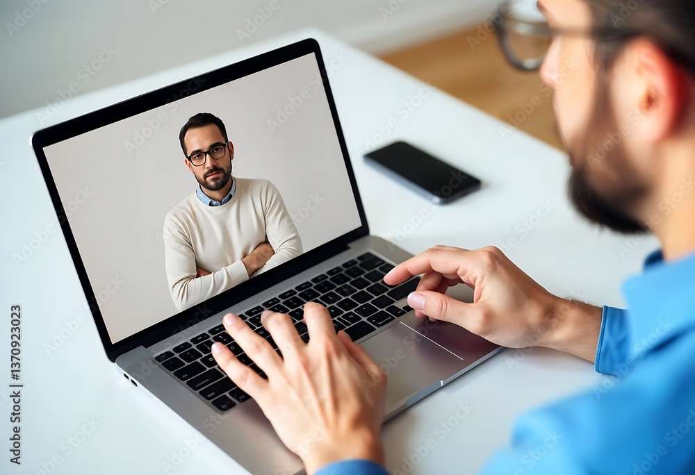 Virtual Connection: A professional engages in a video call, focused intently on the screen, while interacting with the image of another man. conveying remote communication and modern technology.