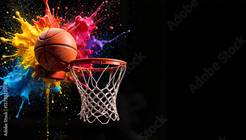 Wallpaper Mural Basketball in motion hitting the hoop, vibrant splash art dynamic Torontodigital.ca