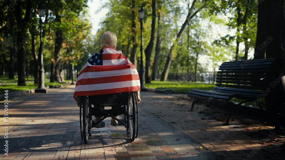 Military woman in park uses wheelchair wrapped in American flag, patriotic Military woman in park uses wheelchair wrapped in American flag, patriotic